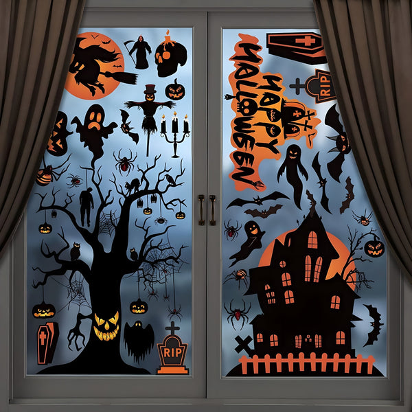 Full set of 98pcs reusable double-sided Halloween window stickers with bats, spiders, and pumpkins.