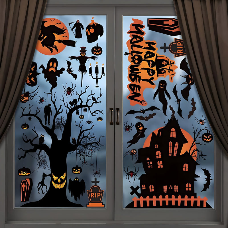 Full set of 98pcs reusable double-sided Halloween window stickers with bats, spiders, and pumpkins.