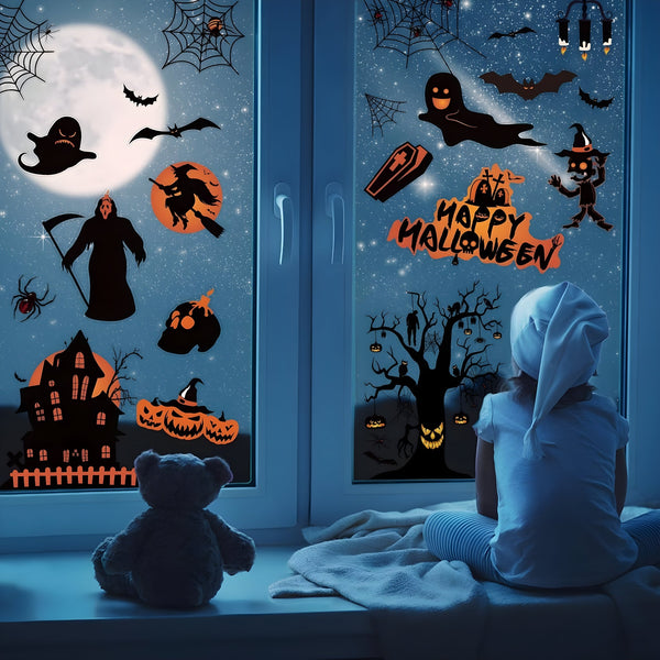 Child in a Halloween costume sitting by a window with decorative Halloween window clings.