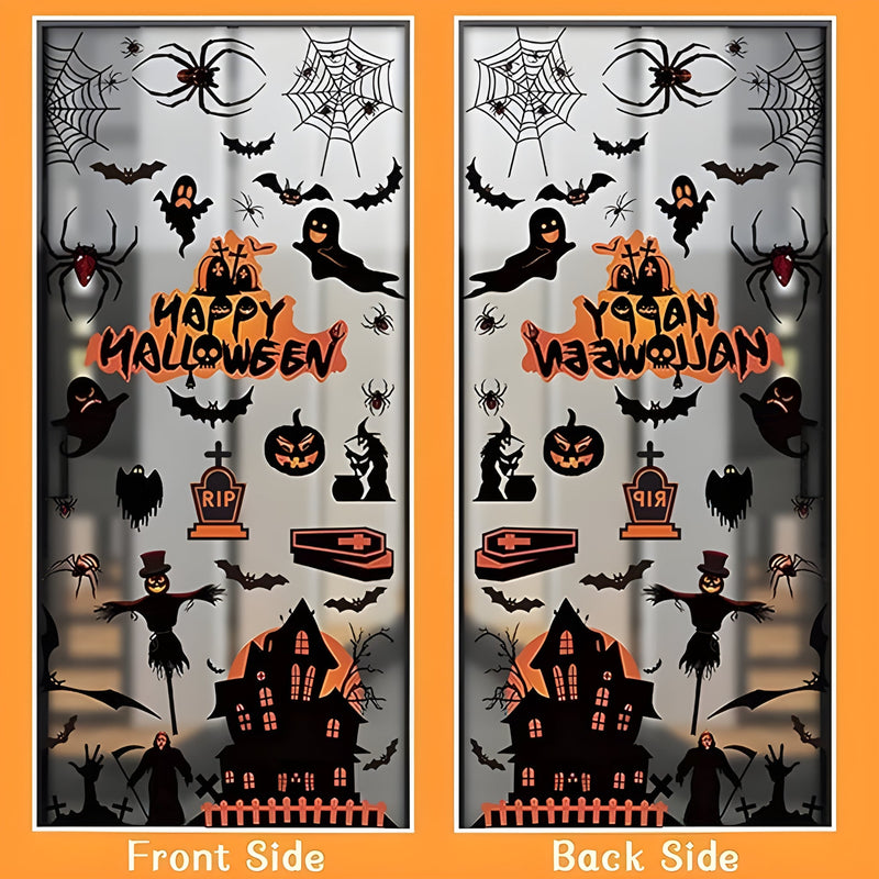 Halloween-themed decorative door with spider webs, ghosts, pumpkins, and haunted houses stickers.