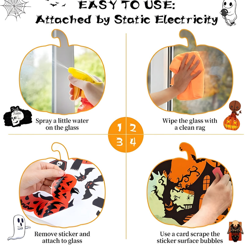 Step-by-step guide for using Halloween window stickers with images and text.