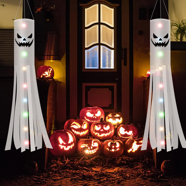 Jsdoin 180CM Halloween Ghost Windsocks Flag – 2PCS Hanging Outdoor Ghost Decorations with 2M LED Lights