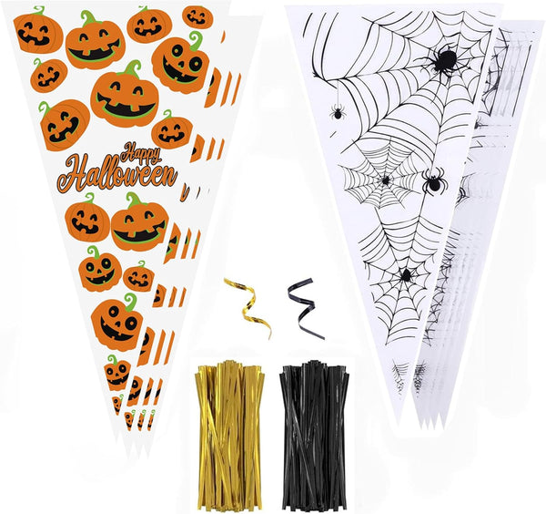 Cydaluya Halloween Sweet Cone Bags – 100PCS Pumpkin & Spider Web Treat Bags (13x25cm) with 100 Twist Ties