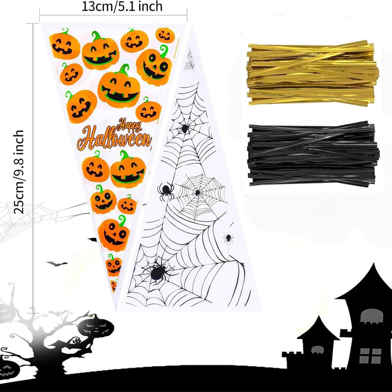 Cydaluya Halloween Sweet Cone Bags – 100PCS Pumpkin & Spider Web Treat Bags (13x25cm) with 100 Twist Ties