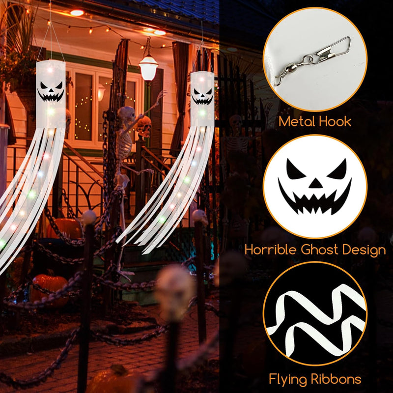 Jsdoin 180CM Halloween Ghost Windsocks Flag – 2PCS Hanging Outdoor Ghost Decorations with 2M LED Lights