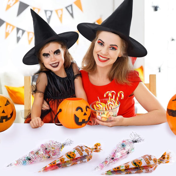 Cydaluya Halloween Sweet Cone Bags – 100PCS Pumpkin & Spider Web Treat Bags (13x25cm) with 100 Twist Ties