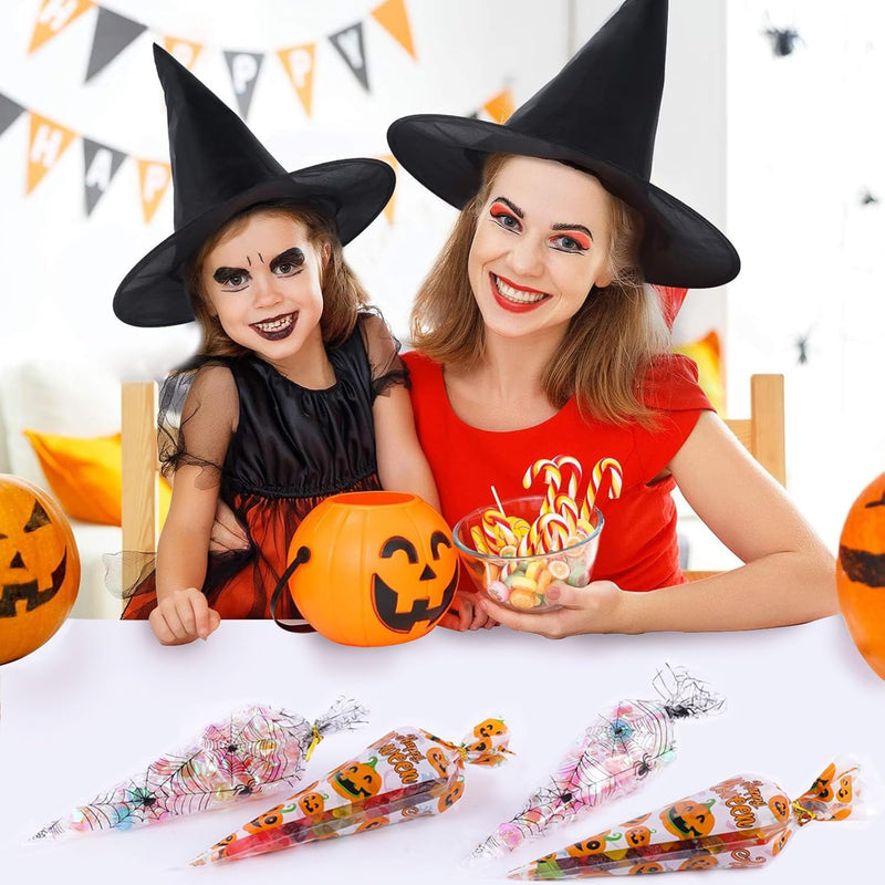 Cydaluya Halloween Sweet Cone Bags – 100PCS Pumpkin & Spider Web Treat Bags (13x25cm) with 100 Twist Ties
