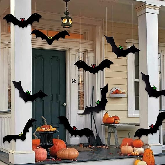 DTYDECLE 12PCS Halloween Hanging Bats – Flying Bat Decorations with Glowing Eyes for Outdoor & Indoor Halloween Decor