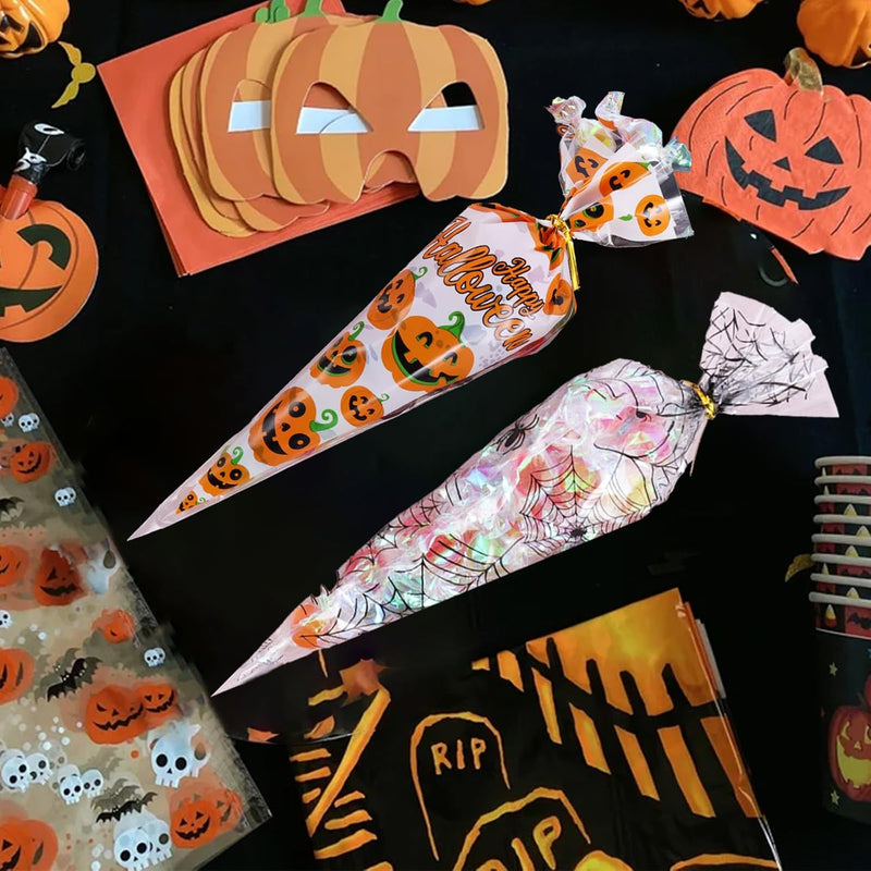 Cydaluya Halloween Sweet Cone Bags – 100PCS Pumpkin & Spider Web Treat Bags (13x25cm) with 100 Twist Ties