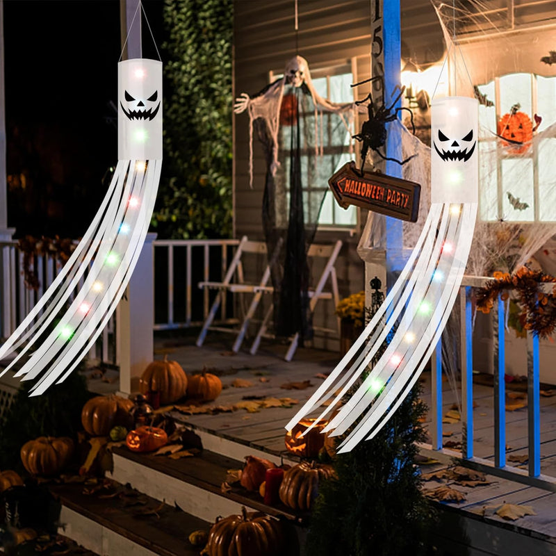 Jsdoin 180CM Halloween Ghost Windsocks Flag – 2PCS Hanging Outdoor Ghost Decorations with 2M LED Lights