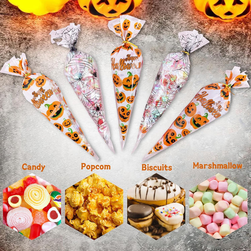 Cydaluya Halloween Sweet Cone Bags – 100PCS Pumpkin & Spider Web Treat Bags (13x25cm) with 100 Twist Ties
