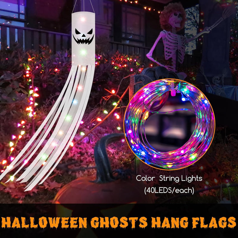Jsdoin 180CM Halloween Ghost Windsocks Flag – 2PCS Hanging Outdoor Ghost Decorations with 2M LED Lights
