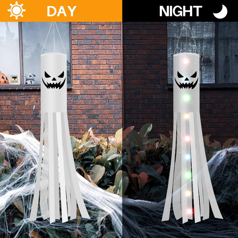 Jsdoin 180CM Halloween Ghost Windsocks Flag – 2PCS Hanging Outdoor Ghost Decorations with 2M LED Lights