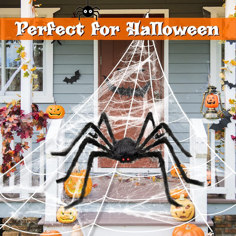 Halloween Spider Web Decoration Set – 50'' Giant Hairy Spider with 200'' Triangular Web & 20G Cobweb