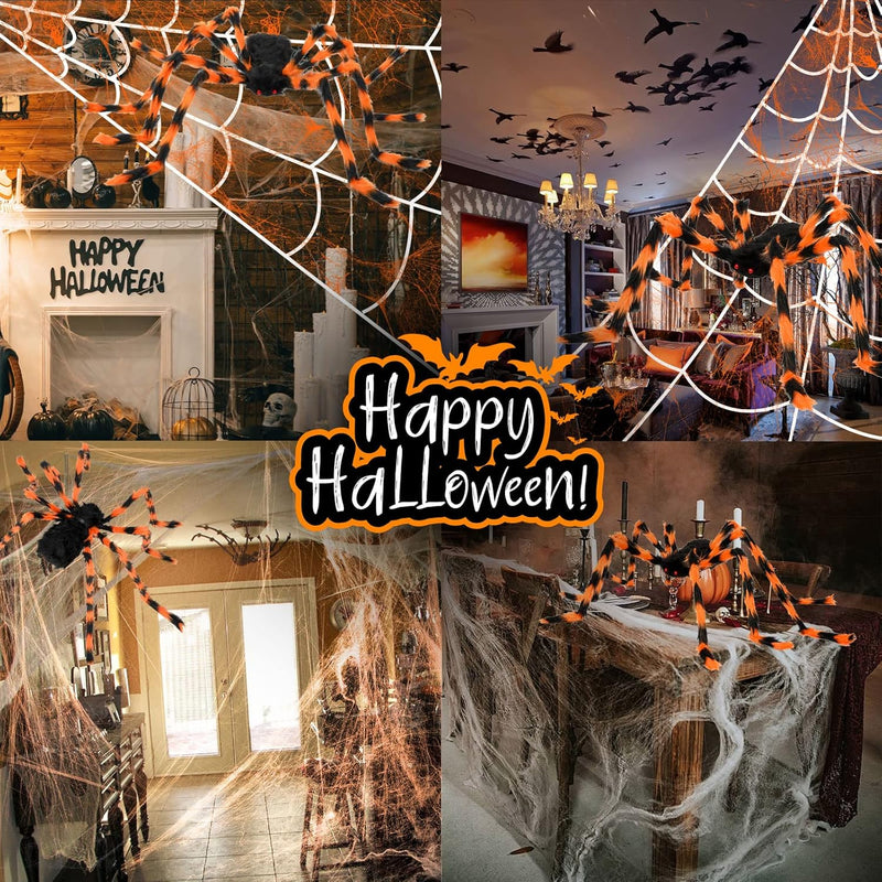 Halloween Spider Web Decoration Set – 50'' Giant Hairy Spider with 200'' Triangular Web & 20G Cobweb