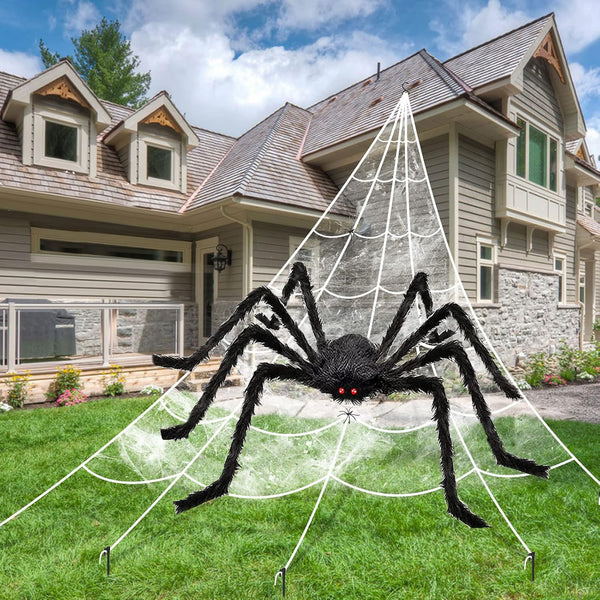 Halloween Spider Web Decoration Set – 50'' Giant Hairy Spider with 200'' Triangular Web & 20G Cobweb