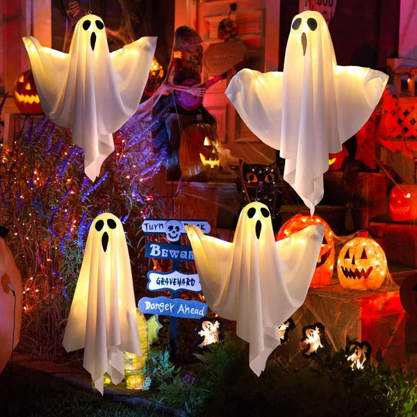 Halloween Ghost Decorations – 4 Pack Hanging Ghosts with LED Lights for Indoor & Outdoor Use