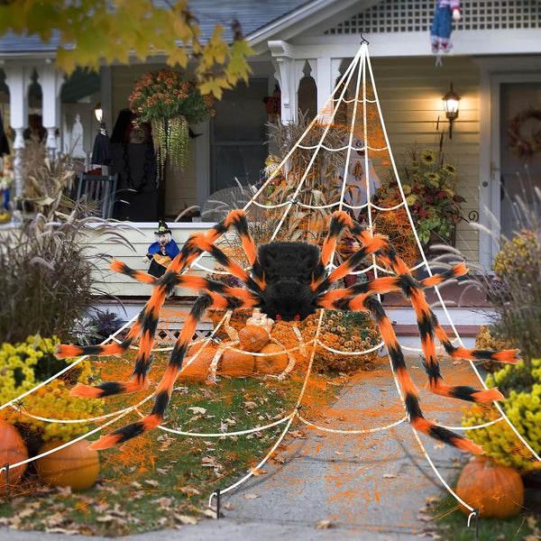 Halloween Spider Web Decoration Set – 50'' Giant Hairy Spider with 200'' Triangular Web & 20G Cobweb