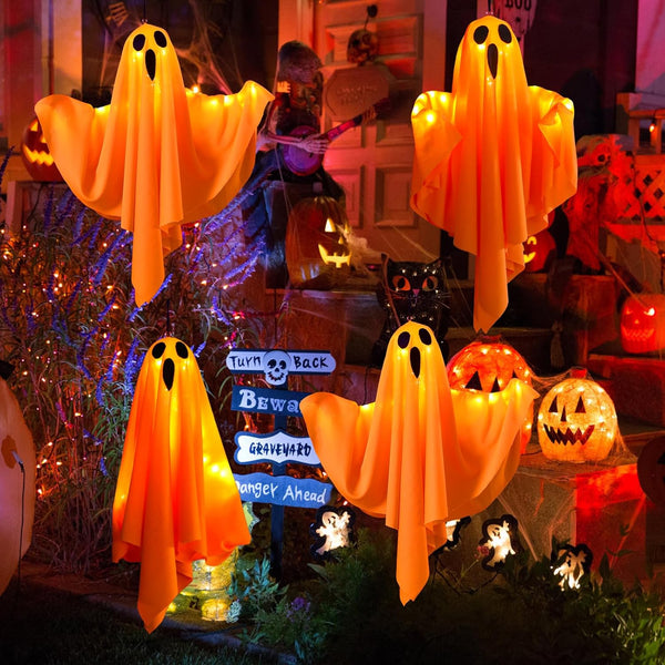 Halloween Ghost Decorations – 4 Pack Hanging Ghosts with LED Lights for Indoor & Outdoor Use